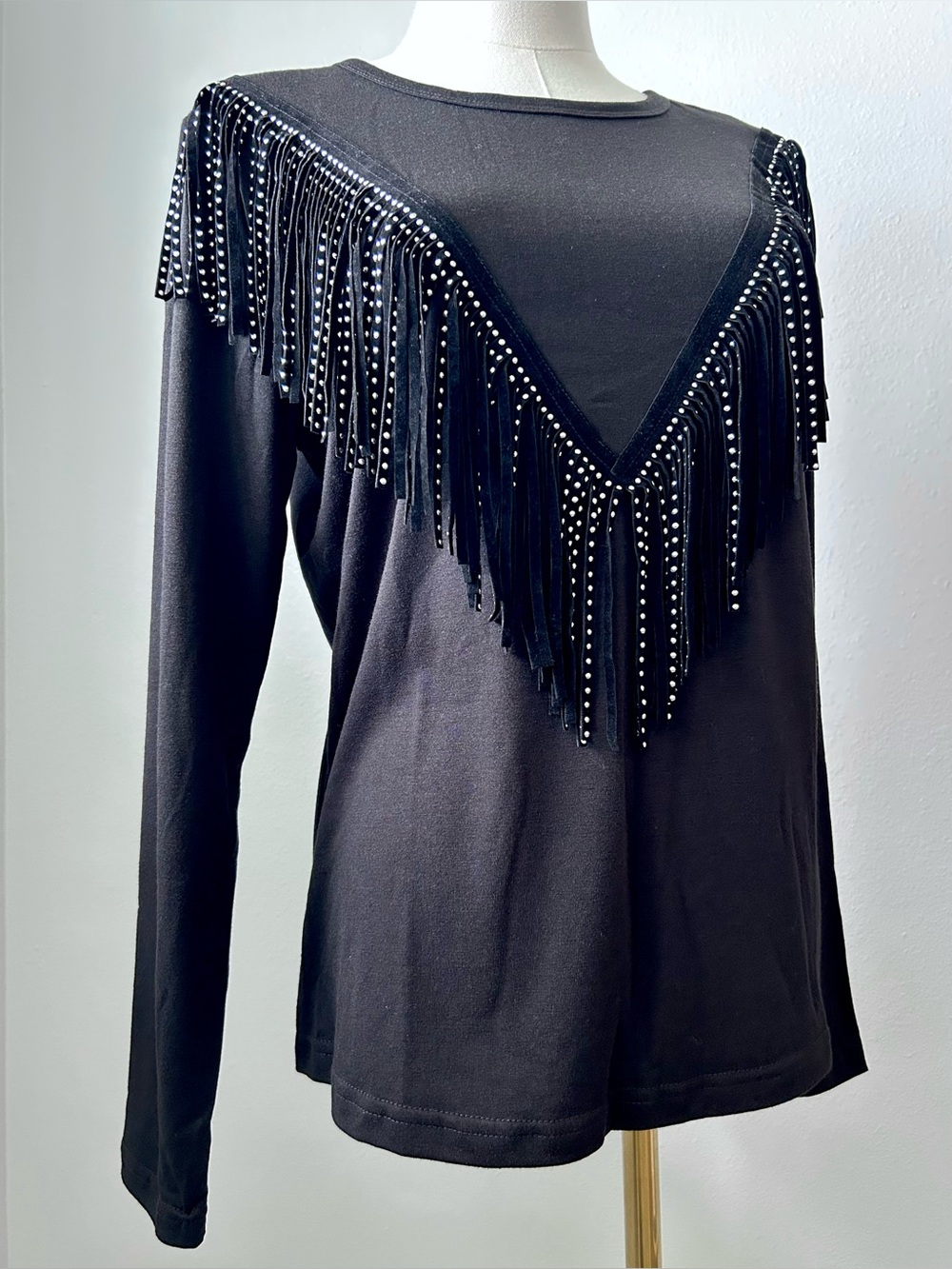 Pesion Western Black Fringe Studded Long Sleeve Top Womens S